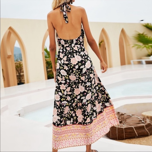 Boho Floral Print Halter Backless Midi Dress Black - Picture 3 of 7